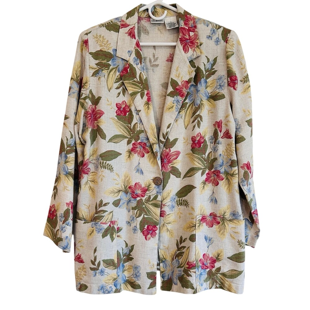 Vtg Liz Baker Floral Blazer Sz 12 Jacket Colorful Made USA Linen Blend Cottage